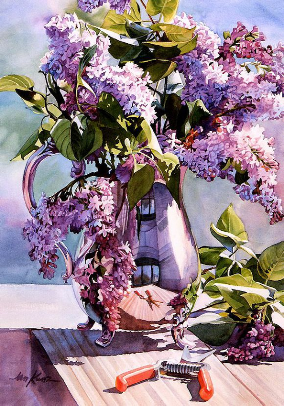 花卉花瓶静物,水彩绘画作品