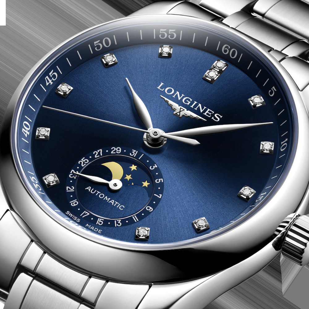 浪琴表名匠系列月相腕表:蓝盘精钢表链浪琴表名匠系列月相腕表:蓝盘