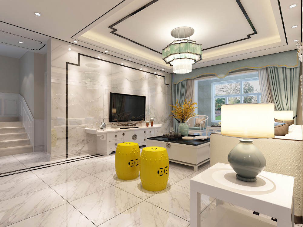 260平中式四居客厅加中国元素回字形吊顶太美了