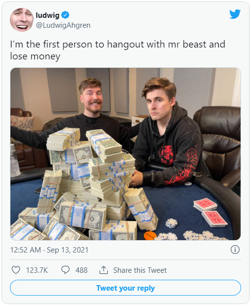 第二天,ludiwg ahgren发了一条推特,说自己是唯一一个跟mrbeast出来玩