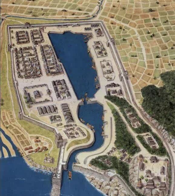 上图_ 登州设防海港(现为蓬莱),1560年嘉靖年间,因为海上走私贸易被