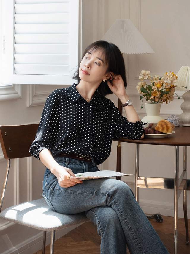 波点衬衫,蓝色衬衫搭配指南,高级洋气