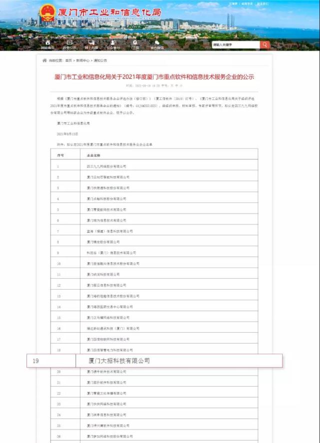 腾讯网|大招科技入选厦门市重点软件和信息技术服务企业