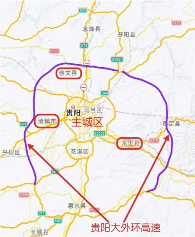贵阳外环高速正在修建当中,未来包括修文县,清镇市,安顺平坝区,贵安