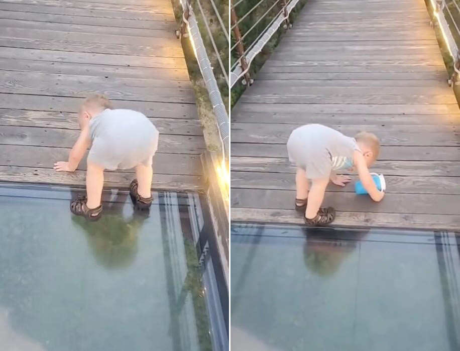 美国一幼童不敢过玻璃桥 尝试一次后直接转身离开