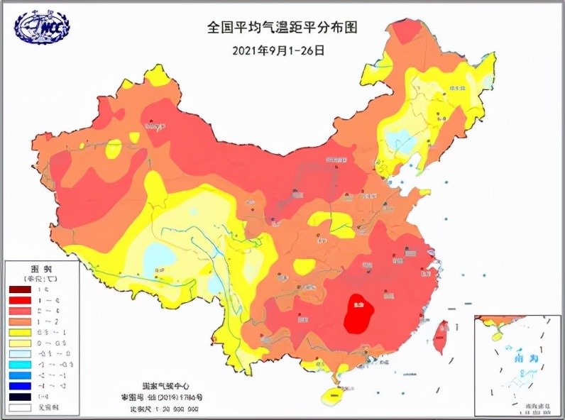 圖3 2021年9月1-26日全國平均氣溫距平分佈圖圖4 2021年9月1-26日各省