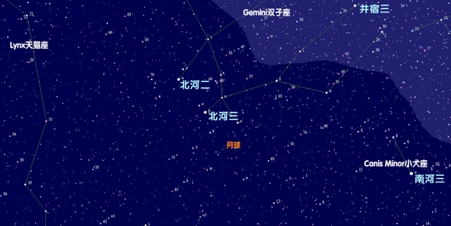 9月30日21:18北河三合月(视赤经7h46m38s,地心所见北河三在月球以北