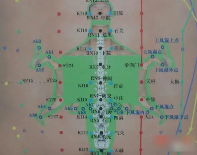 然后下三皇配明黄 取穴:中脘,下脘,气海,关元,天枢,大横,双盲俞