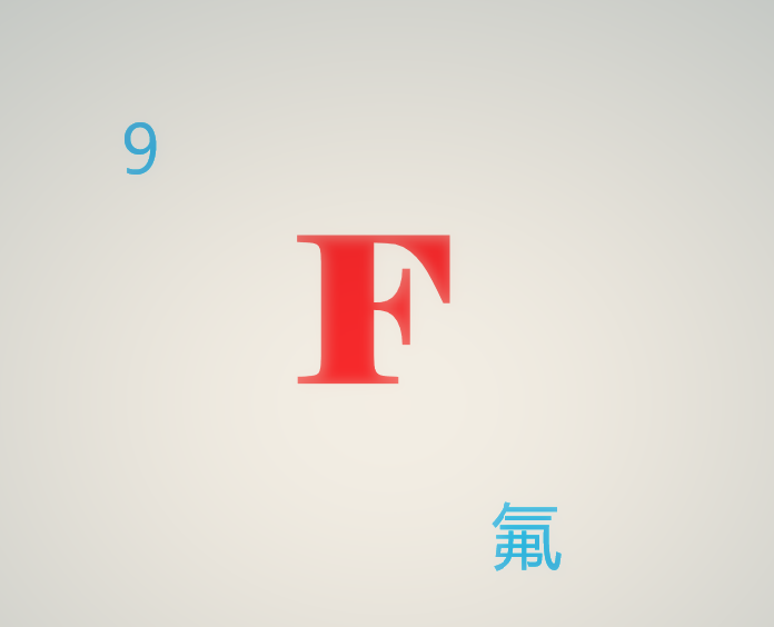 在元素周期表中,氟元素排行第九,位于从右边数第二列,从上边数第二行