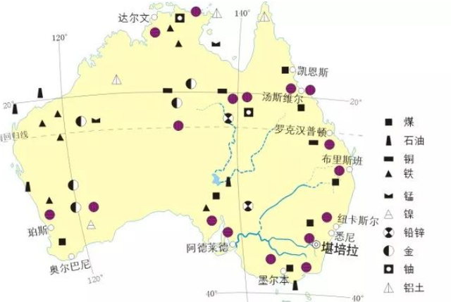 澳大利亚矿产资源极为丰富,其中铁矿,煤矿,铀矿,锂矿,稀土存储量和