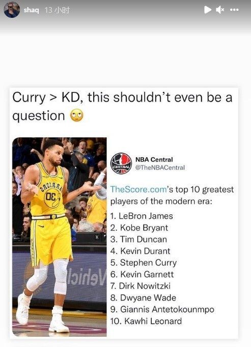 关于现代篮球前十球员 奥尼尔转推支持库里 Gt 杜兰特 这毫无疑问 全网搜