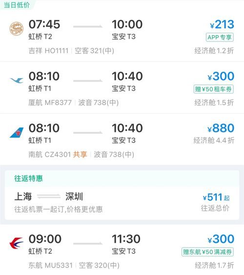 熱門目的地近幾日機票價格降上海飛深圳出現百元白菜價