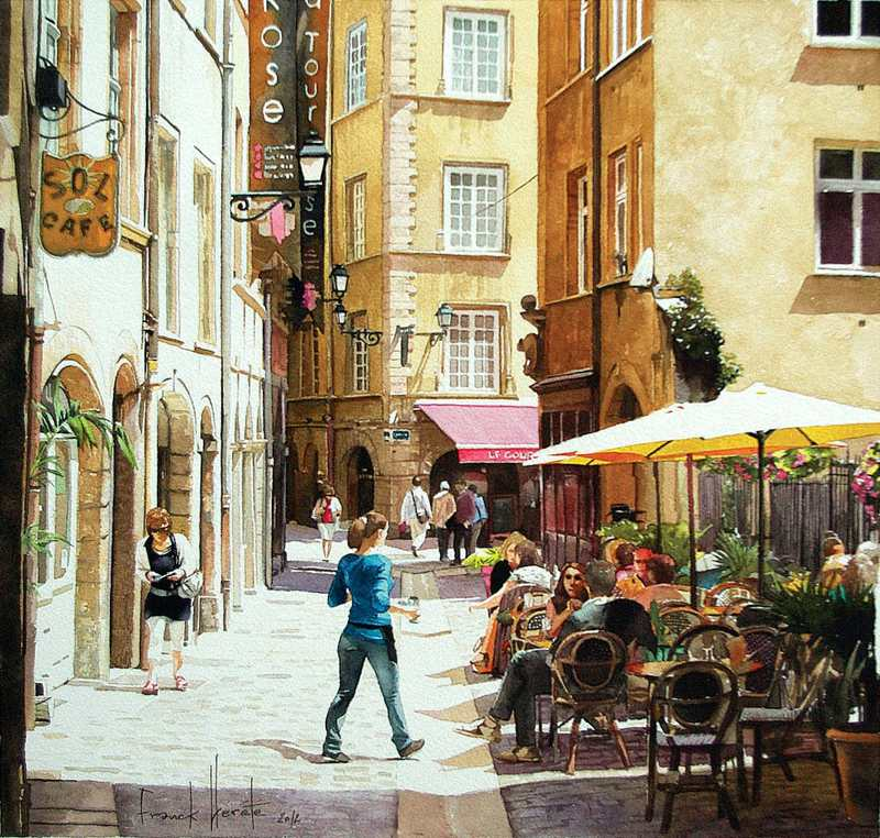 水彩街景绘画作品外国风光