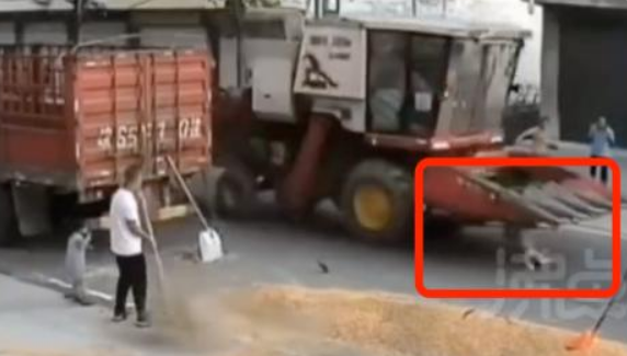 小男孩被收割机撞倒!