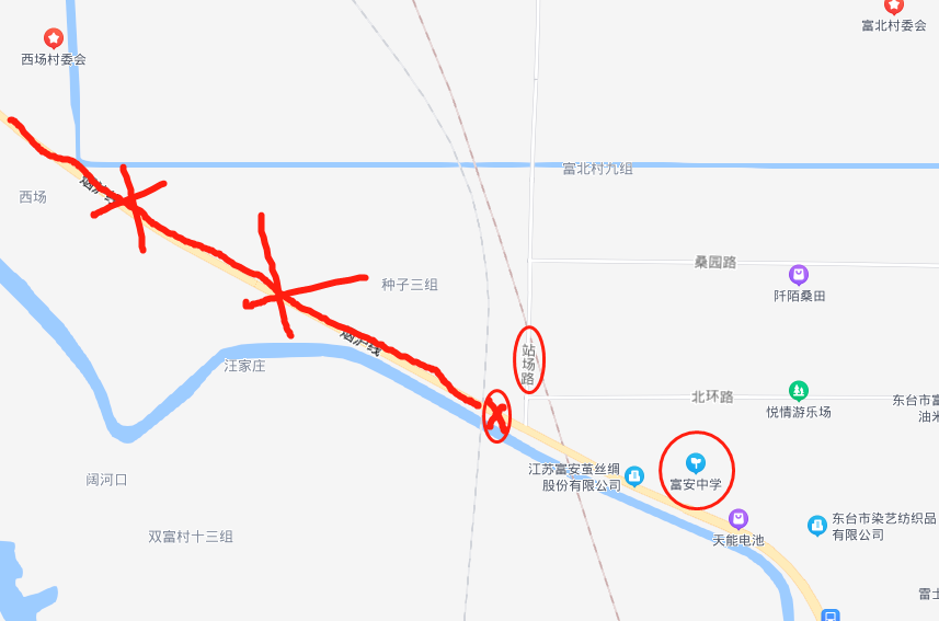 绕行方案:从富安去东台要从十二大沟路向北同时老204国道富安海安交界