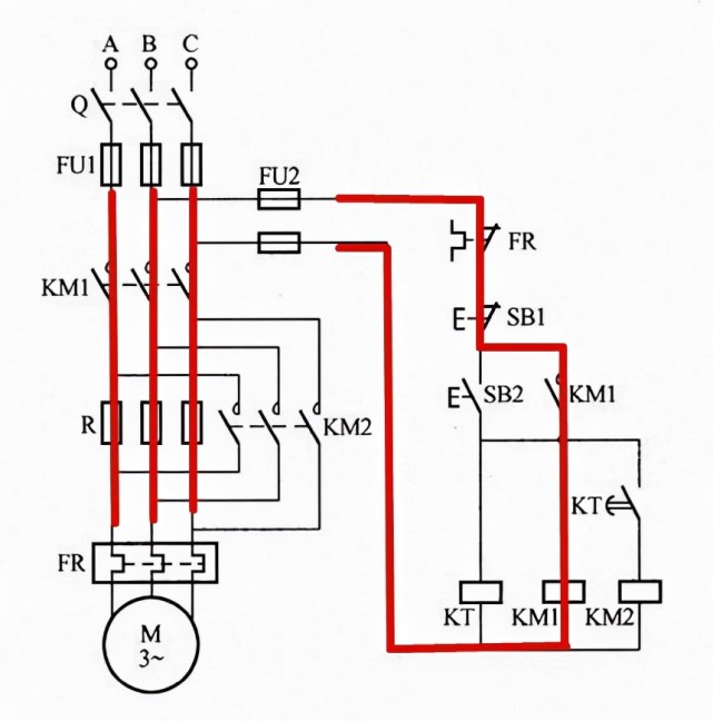 串聯電阻降壓啟動(利用時間繼電器切換控制)