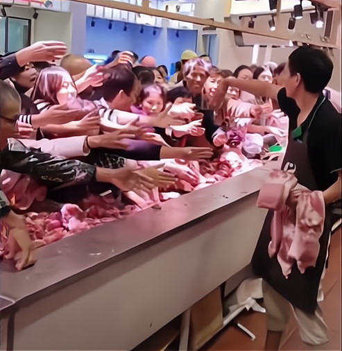湖南一超市猪肉遭疯抢,卖肉小哥67站67在原地不知所措,有上百只手