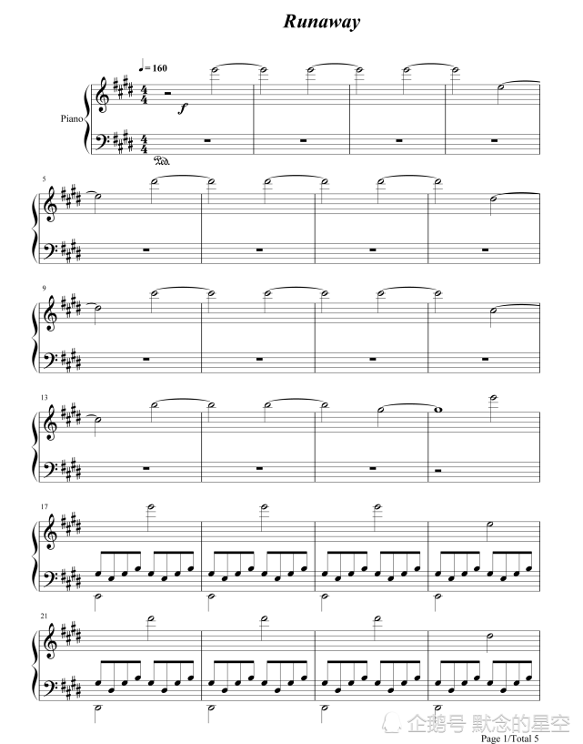 钢琴谱,双手简谱,双版本:《runaway》kanye west.
