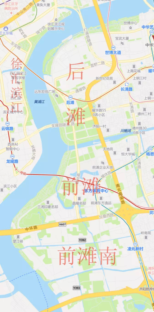 浦東新區,從浦東世博濱江再往南,圍繞著後灘公園一帶就屬於後灘板塊