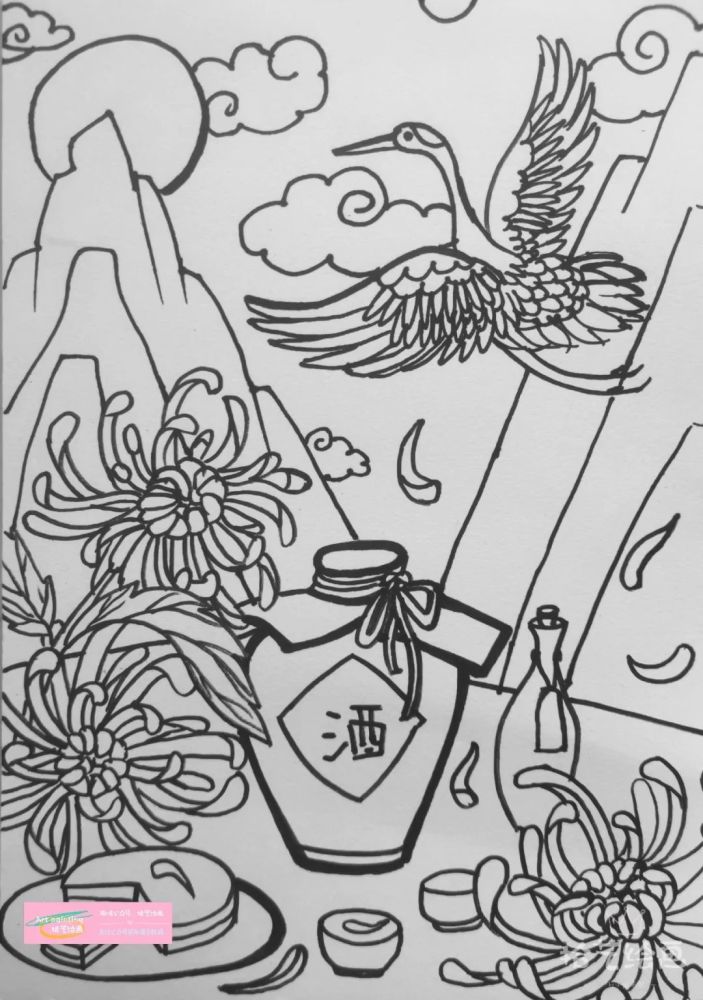 菊花的前后遮挡关系彩色笔搭配涂色继续色彩叠加及细节刻画用金属笔和