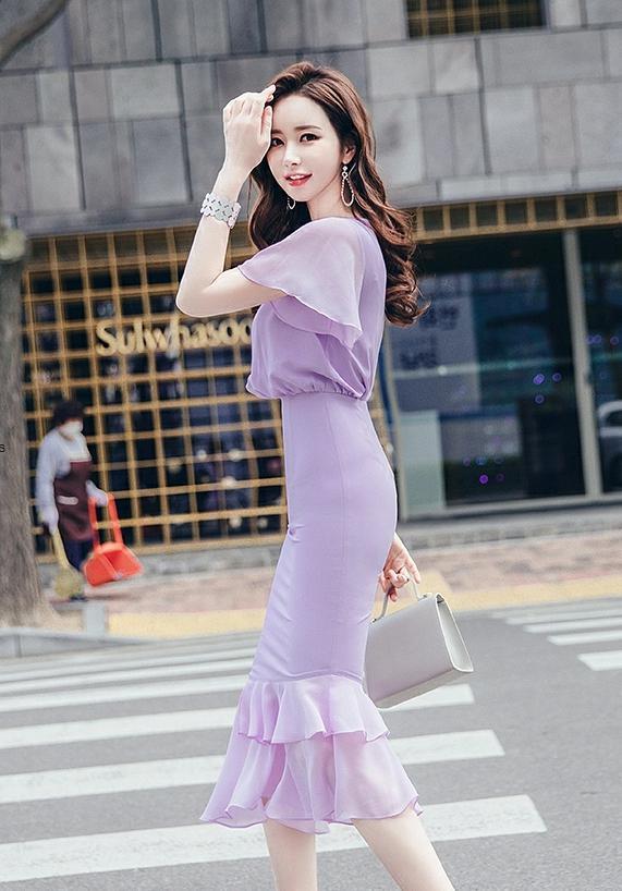 修身过膝雪纺气质裙大裙摆女神范十足