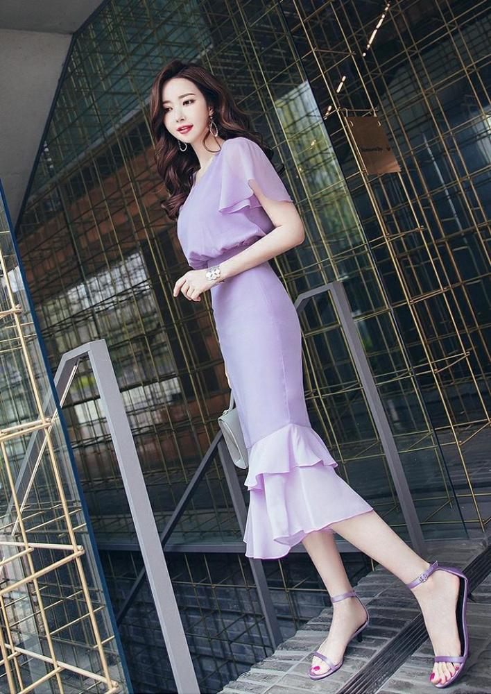 修身过膝雪纺气质裙大裙摆女神范十足