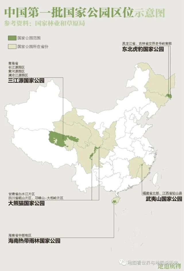 中国第一批国家公园区位示意图