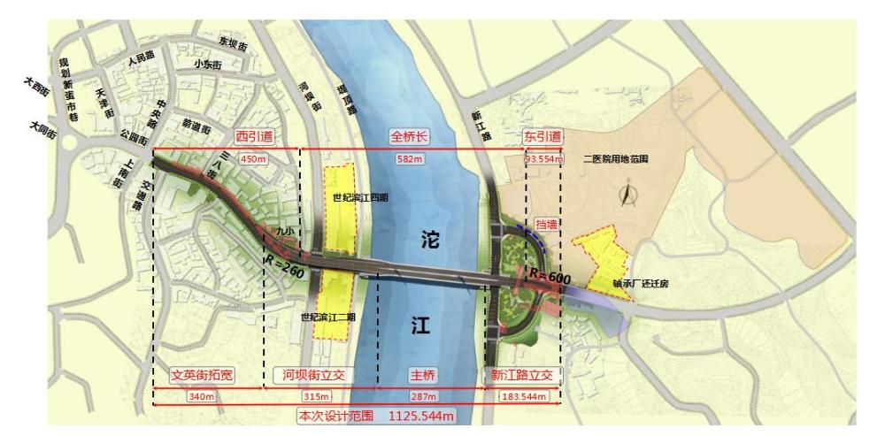 麻柳坝大桥位于沱江大桥与西林大桥之间,双向六车道,路线全长约1125米