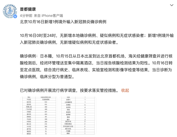 北京10月16日新增1例境外輸入新冠肺炎確診病例