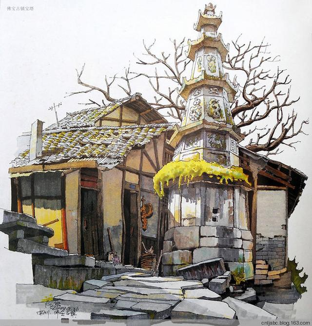 画家夏克梁淡彩建筑风景绘画作品,乡村风光