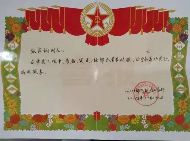 被部隊榮記三等功,受父親從軍報國精神的影響,張家鋼也如願成為中國