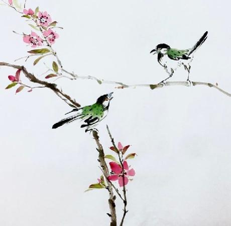清丽隽永的古风水彩绘画作品,花儿与小鸟