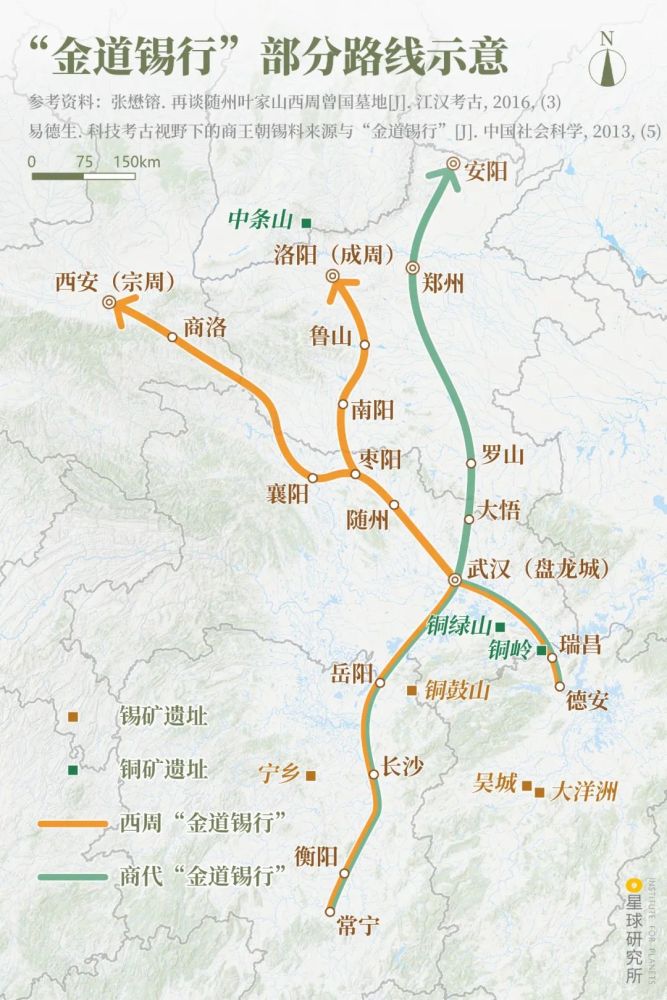 意为"运输铜和锡的通道",随枣走廊为其中一条;图为"金道锡行"部分路线