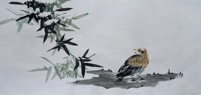 写意残雪竹叶鹌鹑