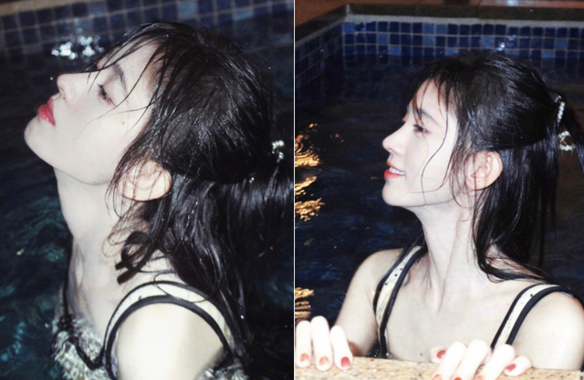 知名女星鞠婧t穿衣服游泳一脸水渍头发零散泡水中皮肤白净