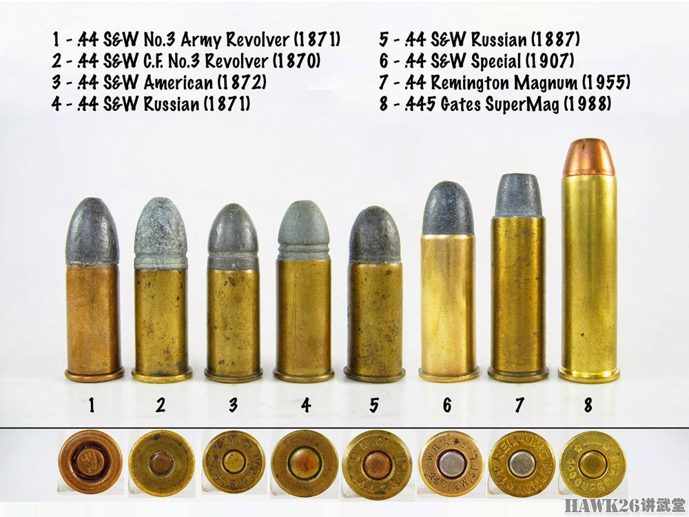 各种.44口径弹药的对比,.44雷明顿马格南弹药是1955年首次推出的.