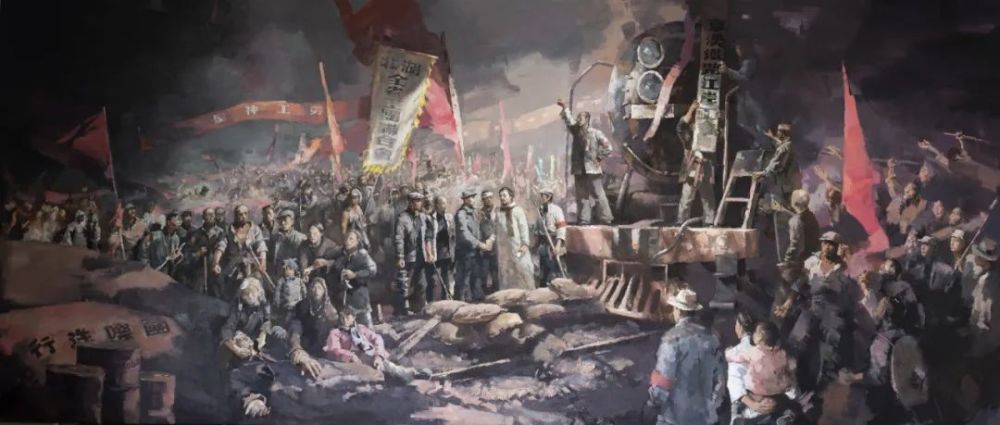《京汉铁路大罢工》熊天祥,熊胜强布面油画 200x480cm2021年创作