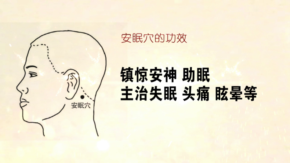 安眠穴:位于耳后与发际线之间.按摩方法:拇指顺时针按压30-50次.