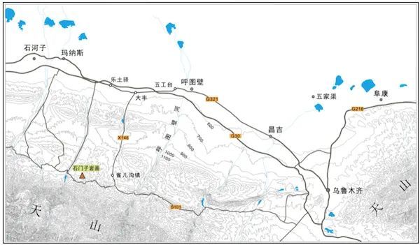 康家石門子巖畫位於新疆呼圖壁縣西南部山區,地理位置:北緯43°5107