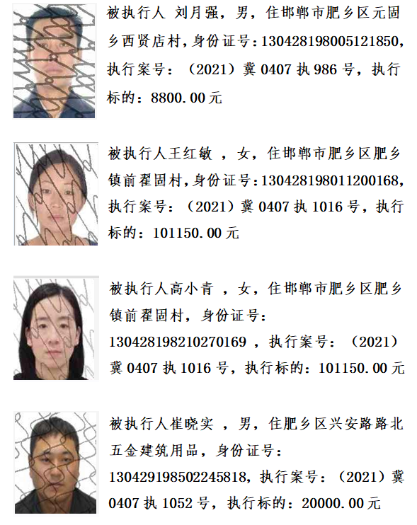 邯郸市肥乡区人民法院公布失信被执行人名单邯郸市肥乡区乐亭县邯郸市