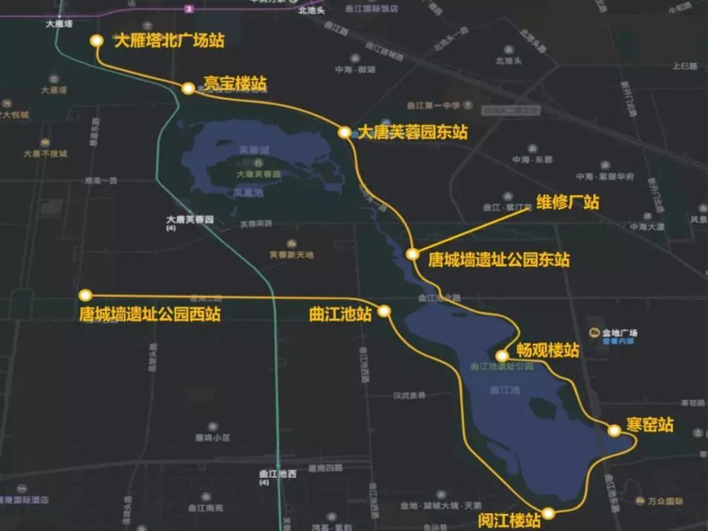 根据线路改造走向,全新的曲江轻轨将连接着 五园三楼一塔(唐大慈恩寺