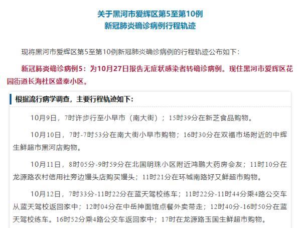 黑龙江黑河市公布6例确诊病例行程轨迹