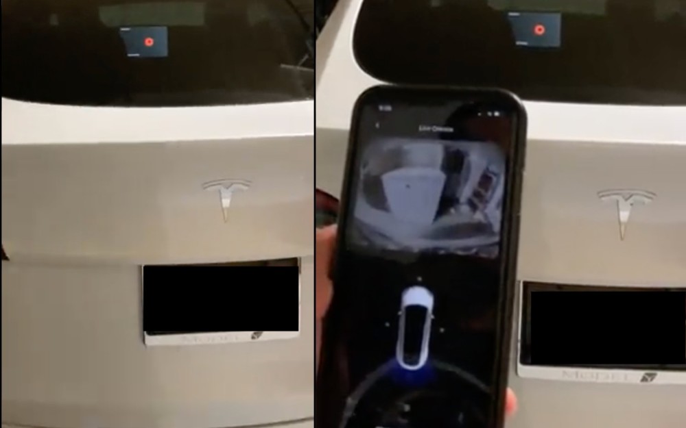 如图所示,哨兵模式的实时摄像头功能允许车主通过特斯拉移动应用程序
