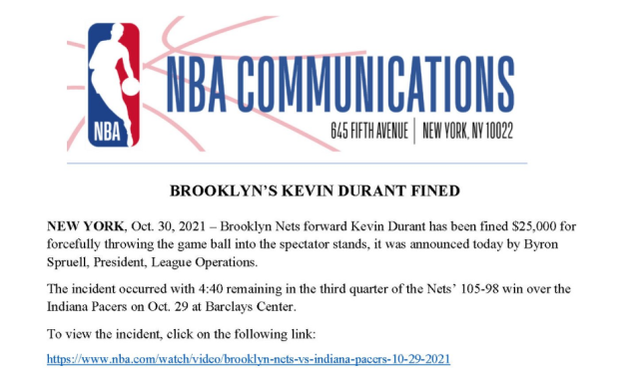 篮网 官宣！杜兰特被NBA处罚了