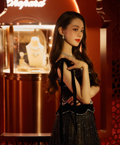 吉娜穿黑色细闪长裙出席珠宝展 尽显优雅贵气
