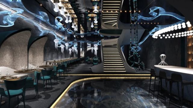 这是arbor空中酒吧的餐厅入口,5层的设计主题更加偏向梦幻的海洋世界.