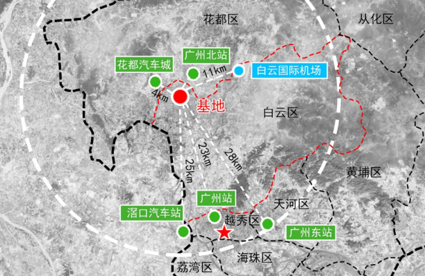 项目地块四周均为规划道路,北邻白云六线,花莞高速(共线),南邻雄丰路.