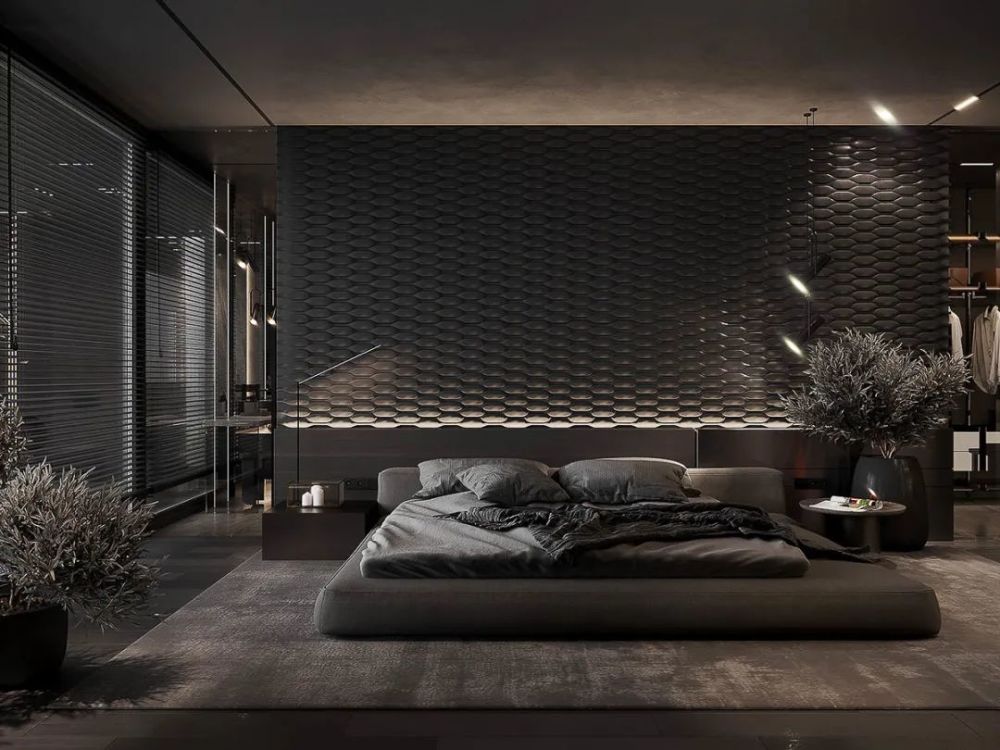 暗色的卧室通过灯光的巧妙设计,加上干净利落的线条来塑造强烈效果,与