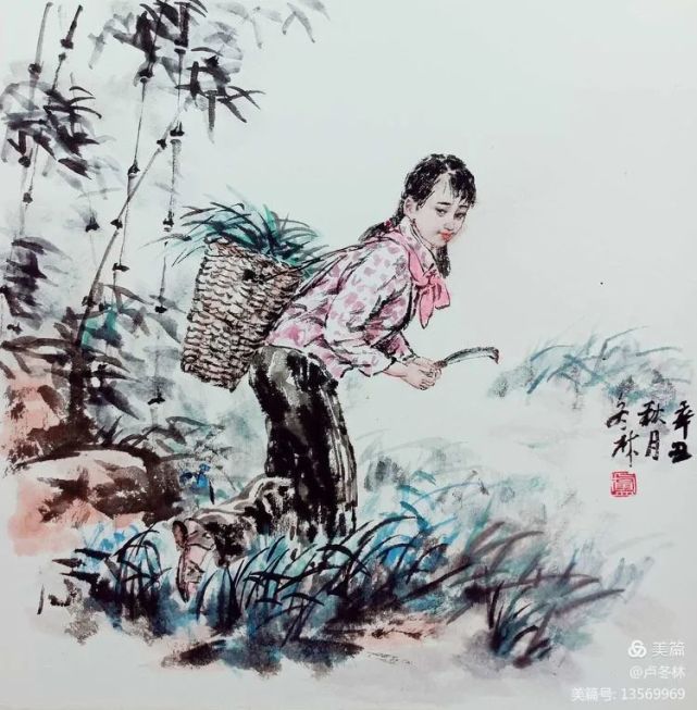 国画:打猪草那个年代,为了过年能吃上肉,家乡几乎家家户户都养猪.