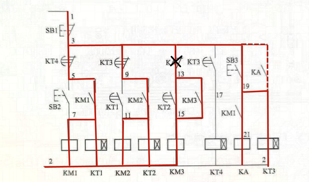 kt3延時斷開常閉觸點斷開,切斷km2電路